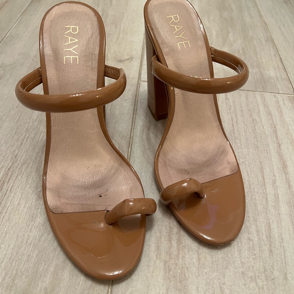 RAYE Tan Heeled Sandals with Ankle Strap
